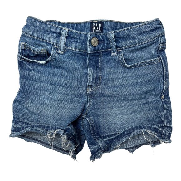 GAP Midi Jean Shorts Girls Blue Stretch Denim Adjustable Waist Fringe Hem Size 5 - Picture 1 of 6